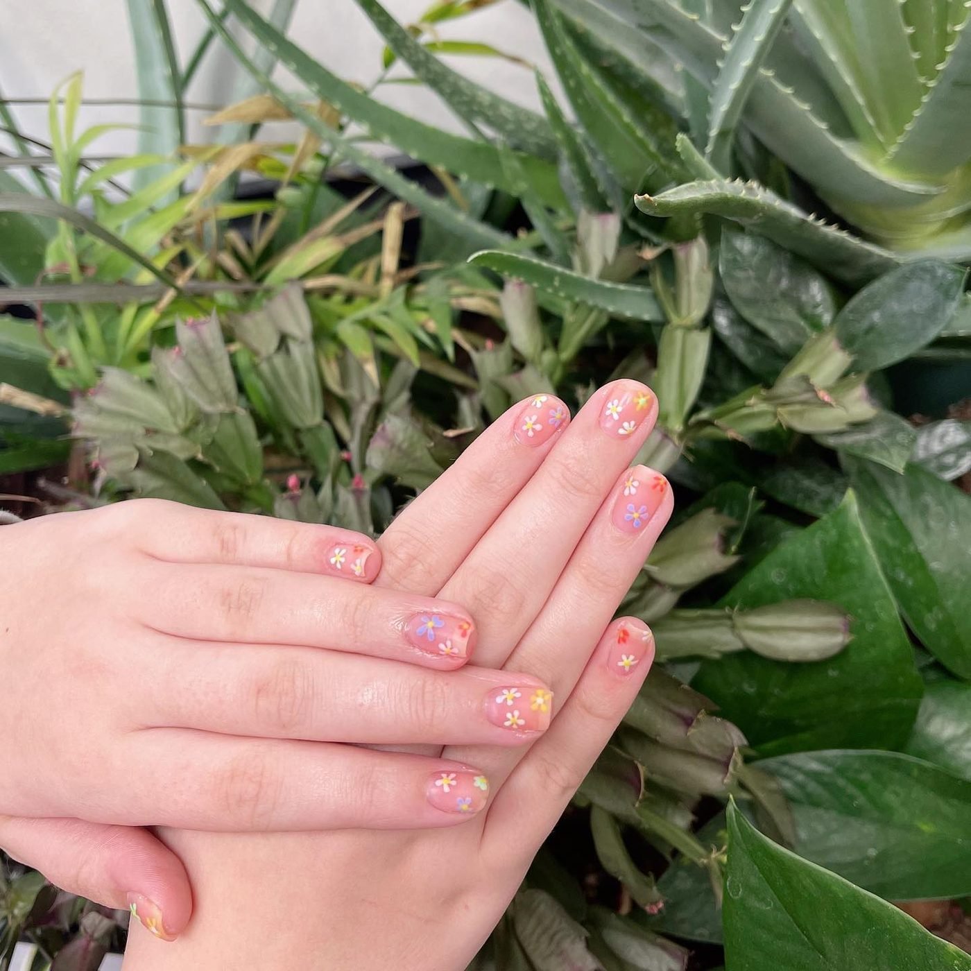 Short sheer pink nails with tiny multicolour painted flowers